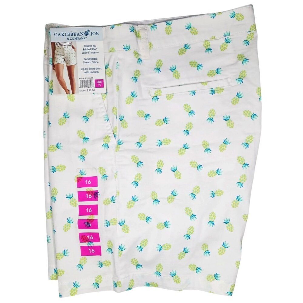 Caribbean Joe Shorts Womens Size 16 White Pineapple Print Summer Vacation Resort